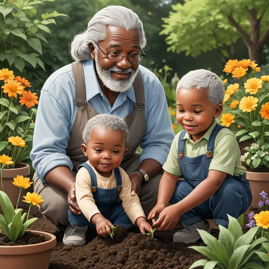 a painting of a man and two children in a garden with flowers and plants in the background, and a man with a beard and glasses on the right, photorealism, a storybook illustration, Chris LaBrooy, highly detailed digital painting