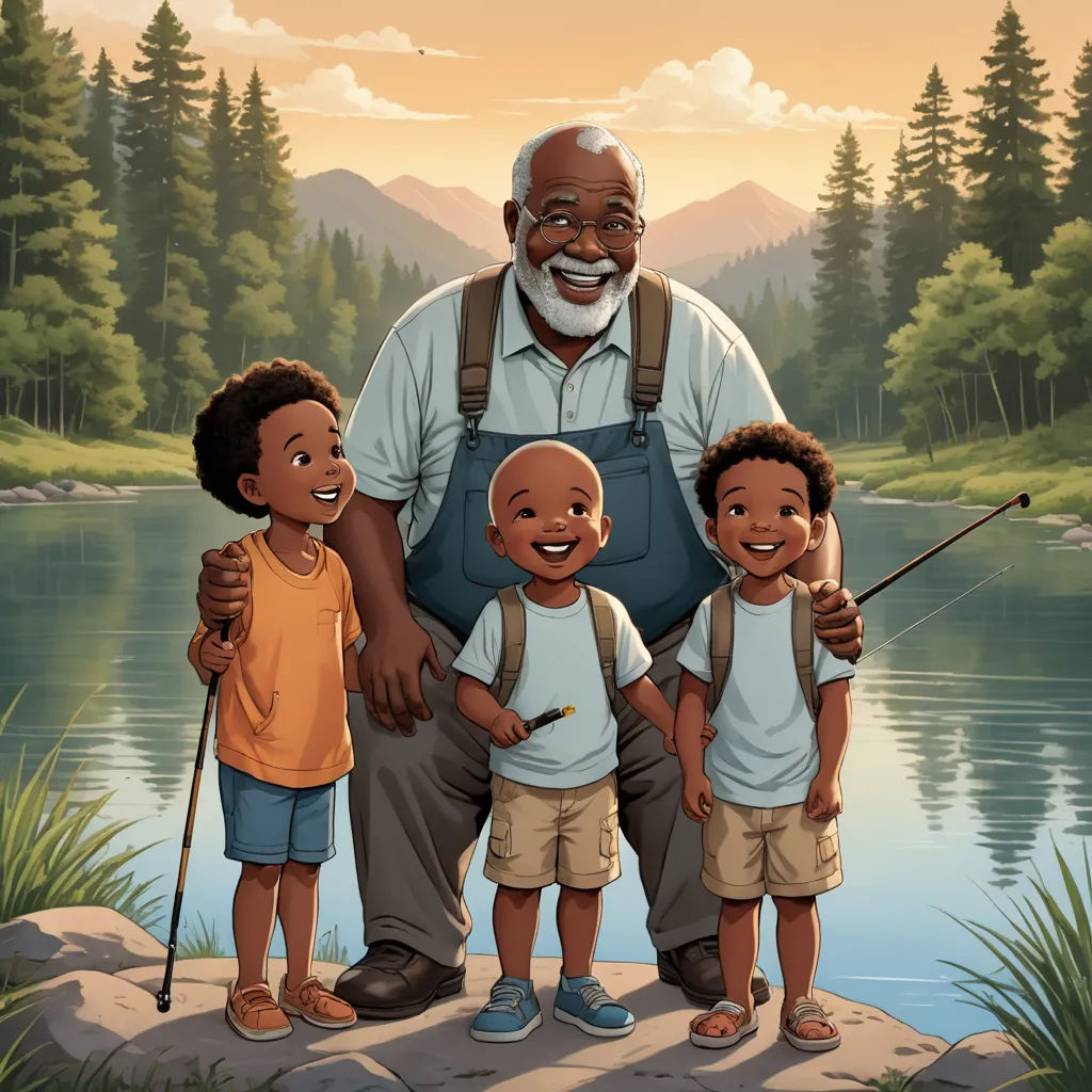 a man with two children and a fishing rod by a lake with mountains in the background and a sunset, american scene painting, a storybook illustration, Esaias Boursse, storybook illustration