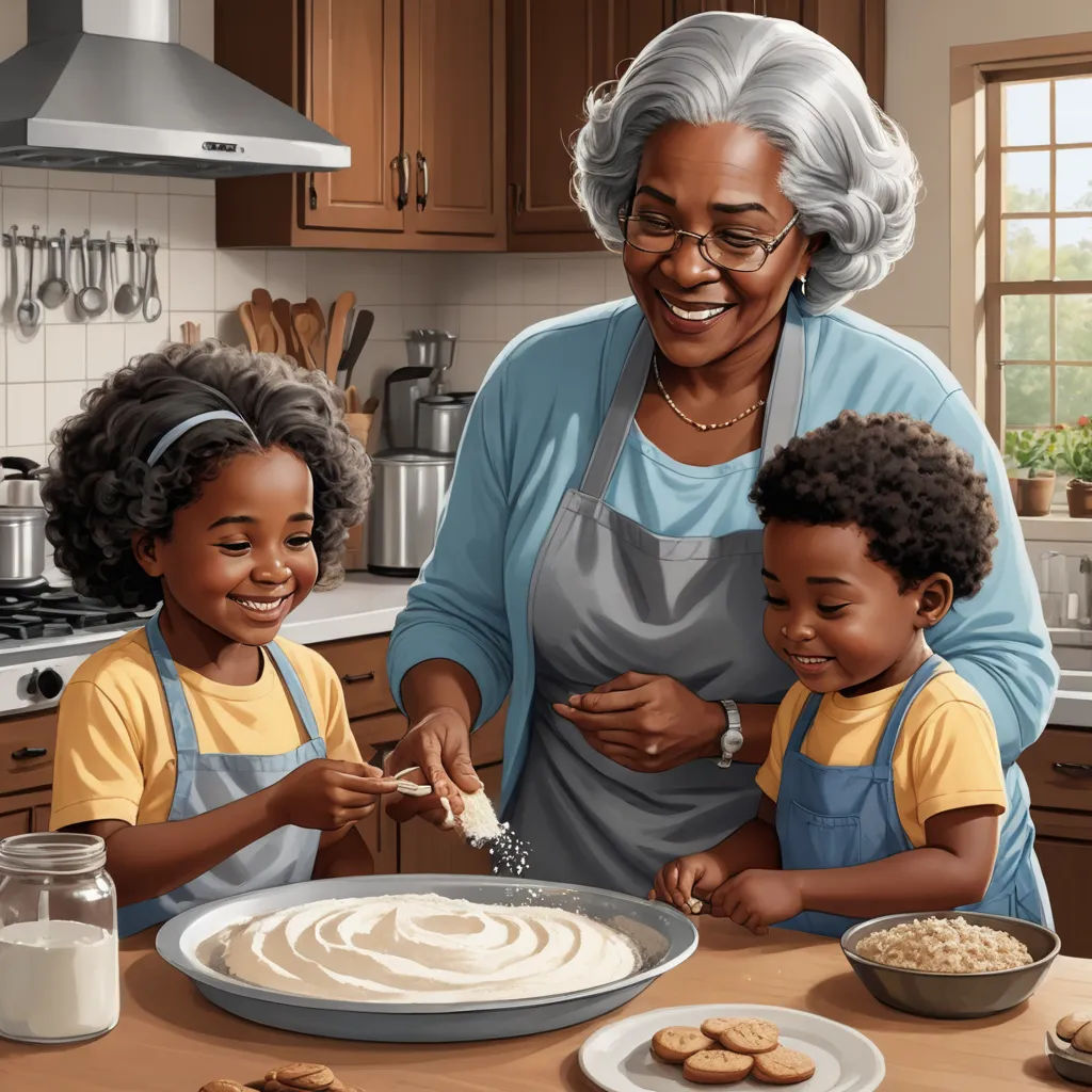 a woman and two children making a cake together in a kitchen with cookies on the counter and a cookie sheet, american scene painting, a storybook illustration, Dorothy King, highly detailed digital painting