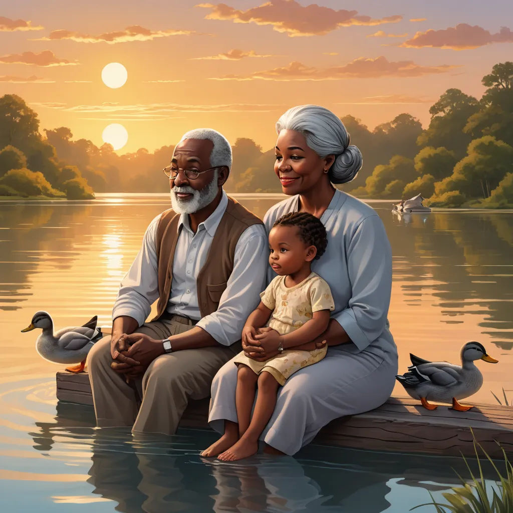 a painting of a man and woman sitting on a dock with a child and ducks in the water at sunset, american scene painting, a storybook illustration, Americo Makk, highly detailed digital painting