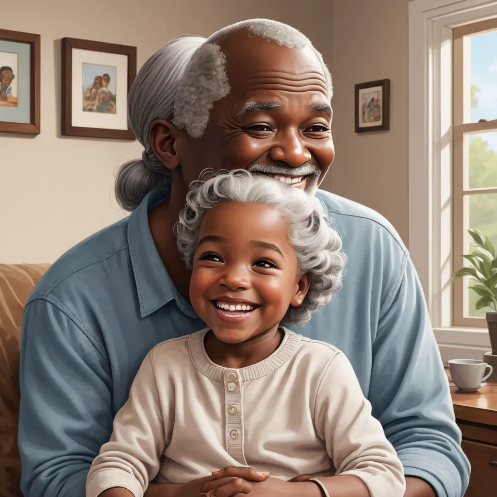 a painting of a man and a child smiling together, with a picture of an older man behind them, photorealism, a storybook illustration, Darrell Riche, highly detailed digital painting