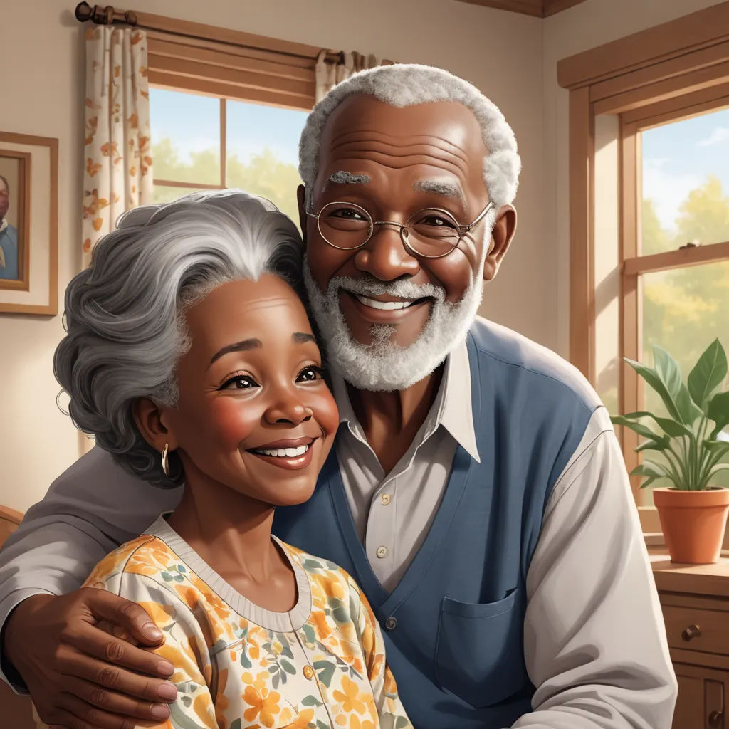 a painting of a man and woman hugging each other in a kitchen with a potted plant in the background, american scene painting, a storybook illustration, Barbara Greg, storybook illustration