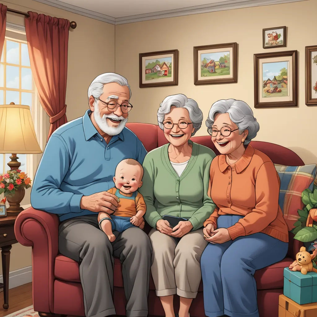 a family sitting on a couch in a living room with a christmas tree and presents on the table behind them, photorealism, a storybook illustration, Art Brenner, storybook illustration