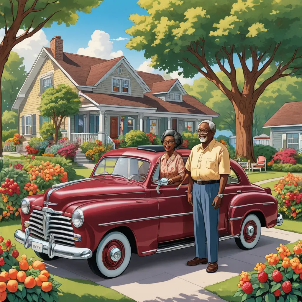 a painting of a man and woman standing next to a red car in front of a house with flowers, american scene painting, a storybook illustration, F Scott Hess, promotional image