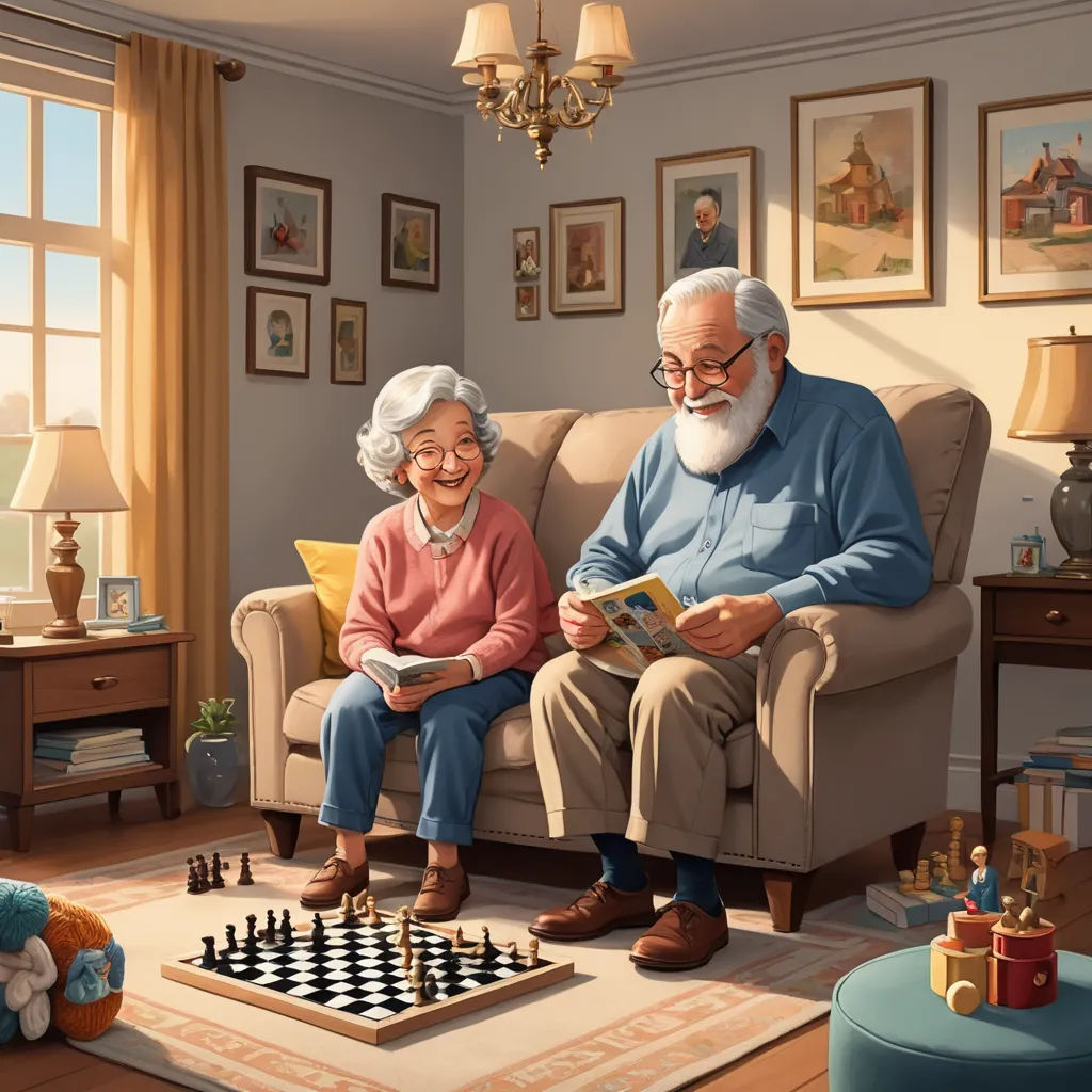 a painting of an elderly couple playing chess in a living room with a chess board on the floor and a chess board on the floor, photorealism, a storybook illustration, Evgeny Lushpin, storybook illustration