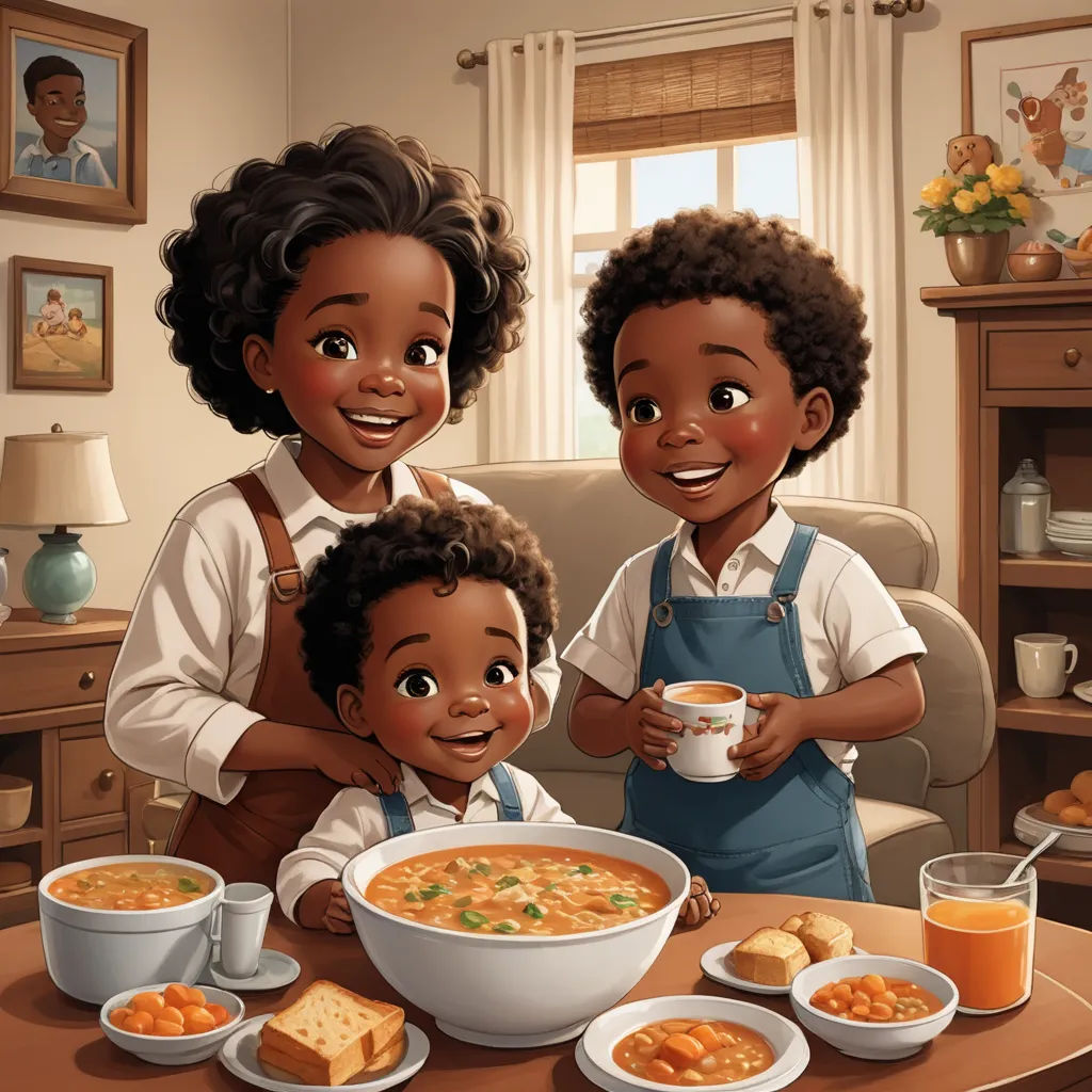 a painting of a family having a meal together in their living room with a coffee mug and a bowl of soup, harlem renaissance, a storybook illustration, Chinwe Chukwuogo-Roy, highly detailed digital painting