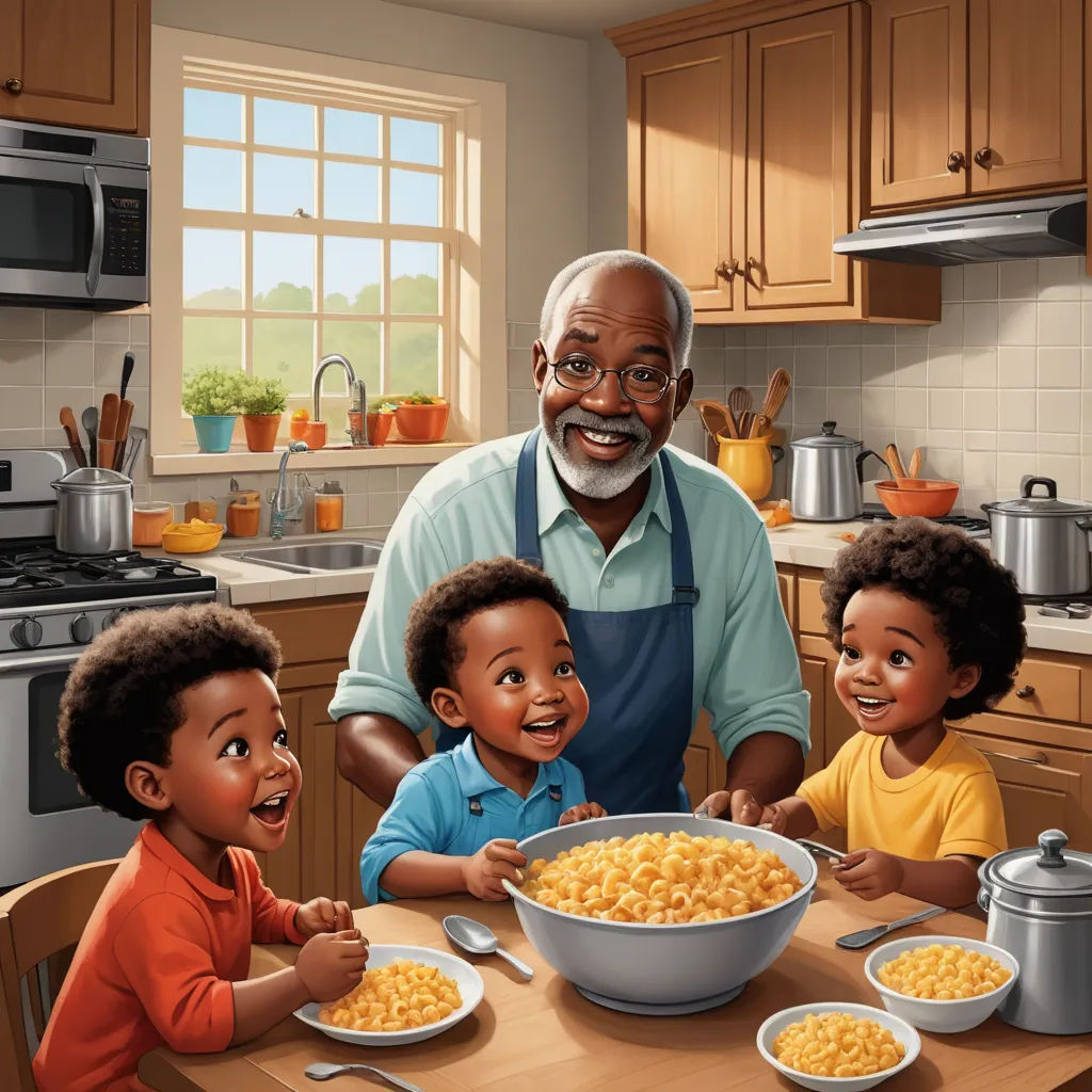 a man and three children are eating macaroni and cheese in a kitchen with a stove and a microwave, american scene painting, a storybook illustration, Chris LaBrooy, storybook illustration