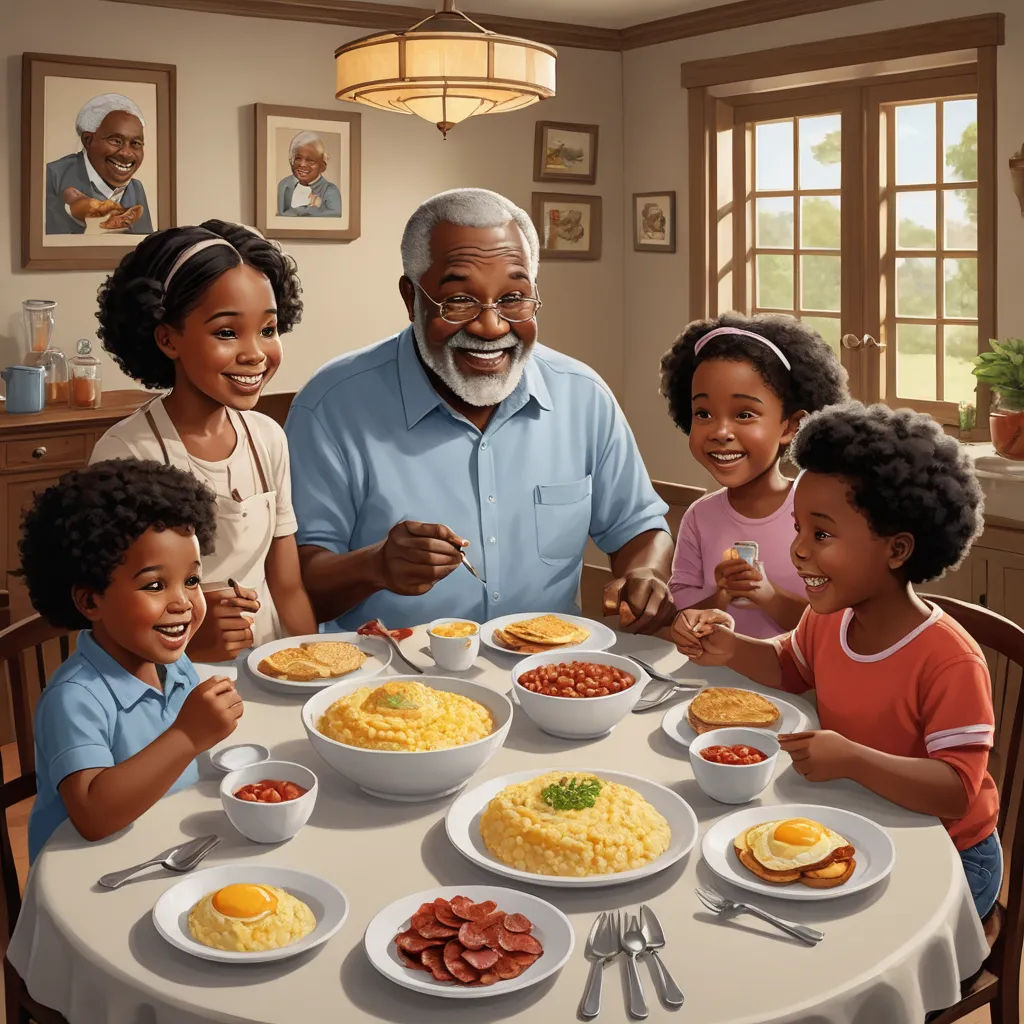 a painting of a family eating dinner together at a table with a large family portrait on the wall behind them, american scene painting, a storybook illustration, Allan Brooks, highly detailed digital art