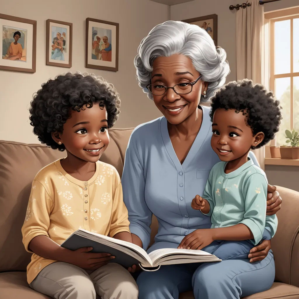 a woman and two children are sitting on a couch reading a book together, with a window in the background, american scene painting, a storybook illustration, Dorothy King, storybook illustration