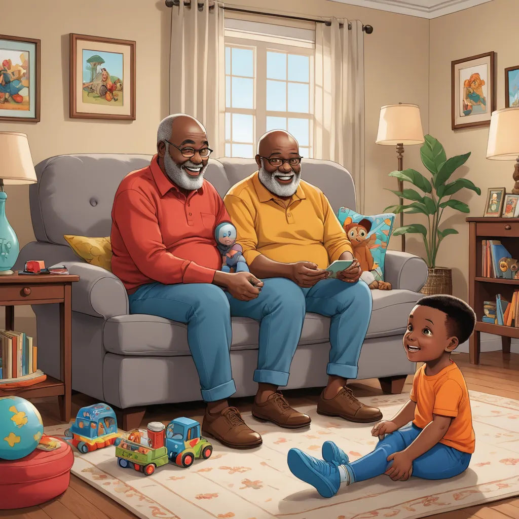 a painting of a man and a boy sitting on a couch in a living room with toys and a teddy bear, american scene painting, a storybook illustration, Chris LaBrooy, storybook illustration