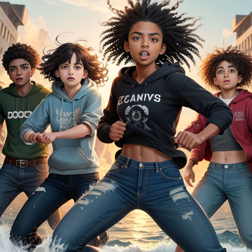 a group of young people standing on top of a wave covered beach next to a city skyline with buildings