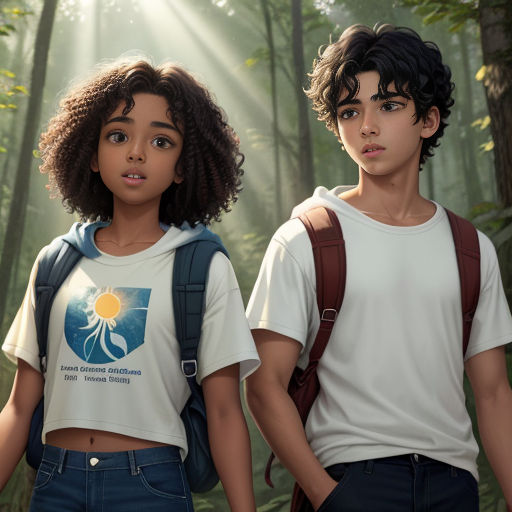 a couple of people standing in a forest with trees and sunlight shining through the trees behind them, with a backpack on their back