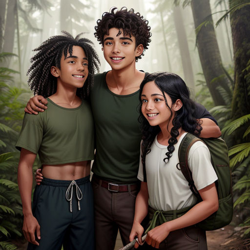 a painting of three people standing in a forest with a knife in their hand and a backpack on their back