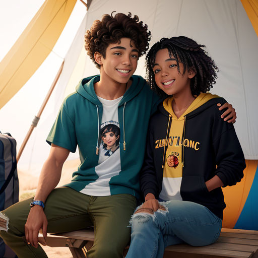 two young people sitting on a bench in front of a tent smiling at the camera, with a man in the background