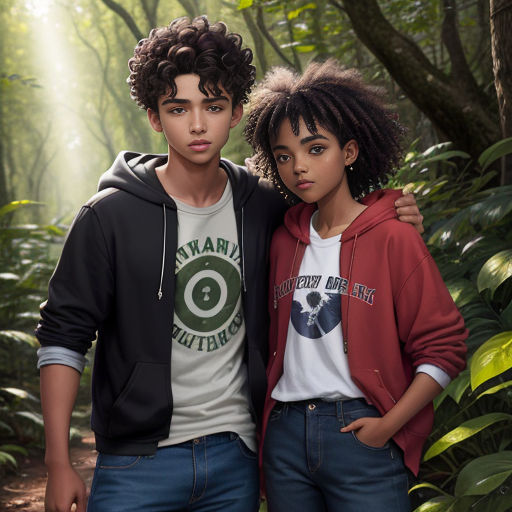 a couple of people standing next to each other in a forest with trees and bushes behind them and sunlight shining through the leaves