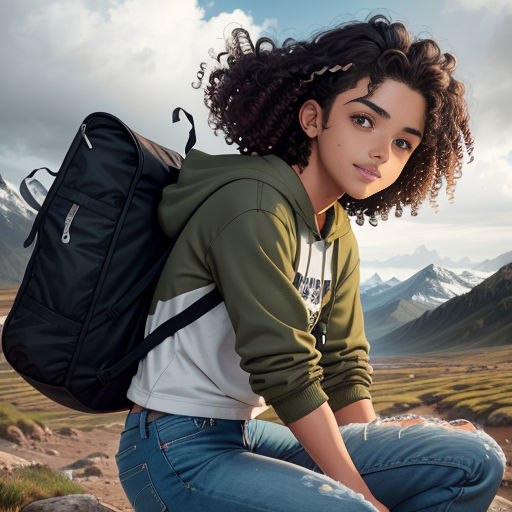 a woman with a backpack sitting on a rock in the mountains with a mountain range in the background and a valley in the foreground