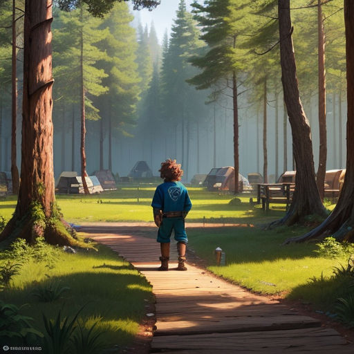 a boy walking down a path in the woods with tents in the background and trees in the foreground