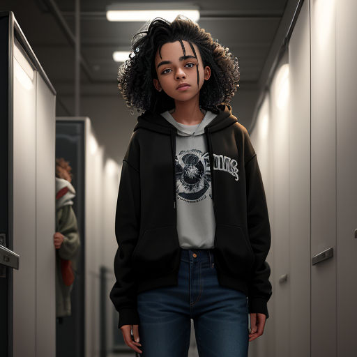 a woman standing in a hallway with a hoodie on and a person in the background behind her looking at the camera