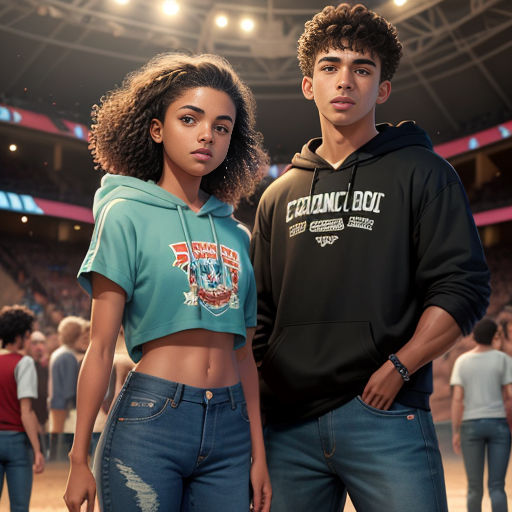 a man and a woman standing in a stadium with a crowd of people behind them and a basketball court in the background