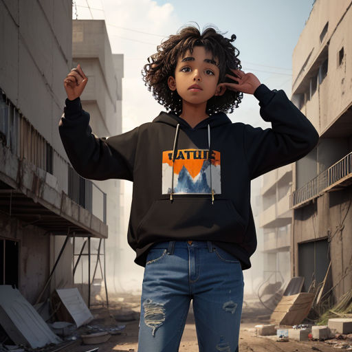 a young boy wearing a black nature hoodie and ripped jeans stands in a rundown alleyway in a city