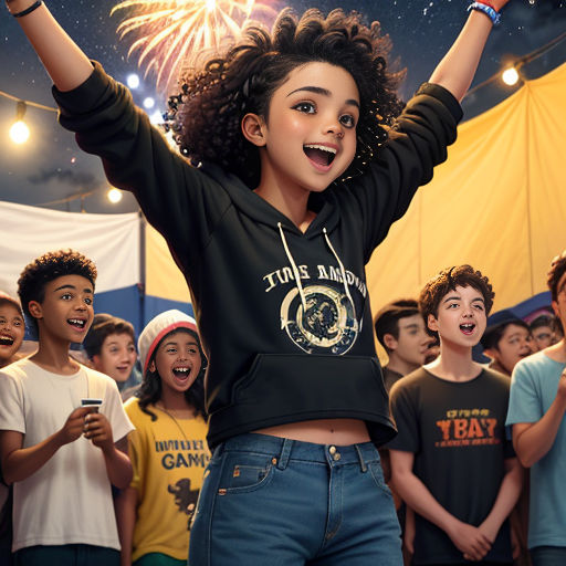 a girl in a black shirt and some kids in blue jeans and fireworks in the background and a crowd of people