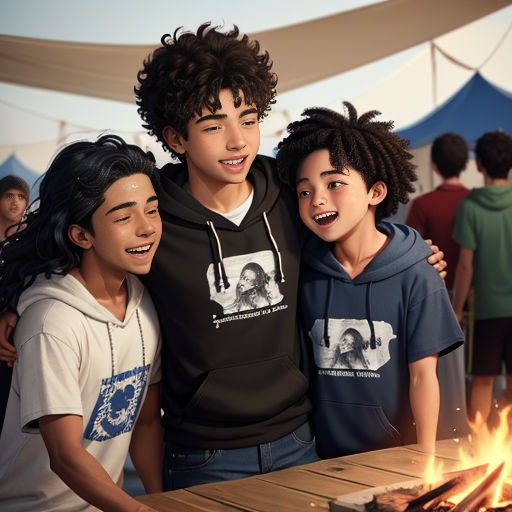 a group of young people standing around a fire pit with a cake on it's side and a man smiling