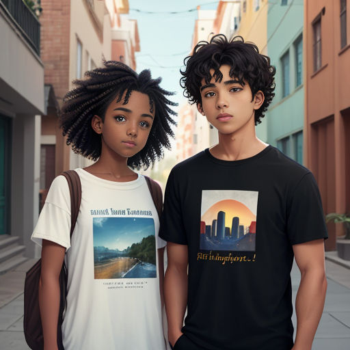 two young people standing next to each other on a street with buildings in the background and a cityscape in the background