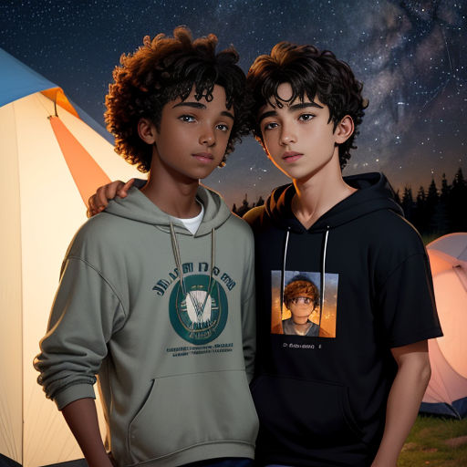 two boys standing next to each other in front of a tent with a sky full of stars in the background