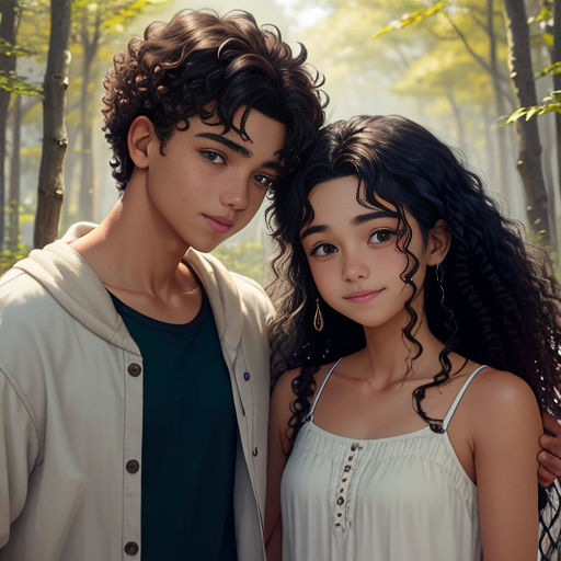 a young man and woman standing next to each other in a forest with trees and leaves on the ground