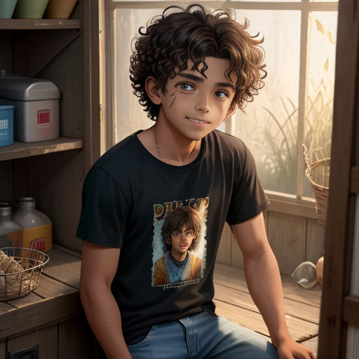 a boy sitting on a shelf in a room with a window and a basket of stuff behind him and a bottle of milk