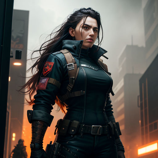 a woman in a futuristic suit standing in a city street with a gun in her hand and a gun in her other hand