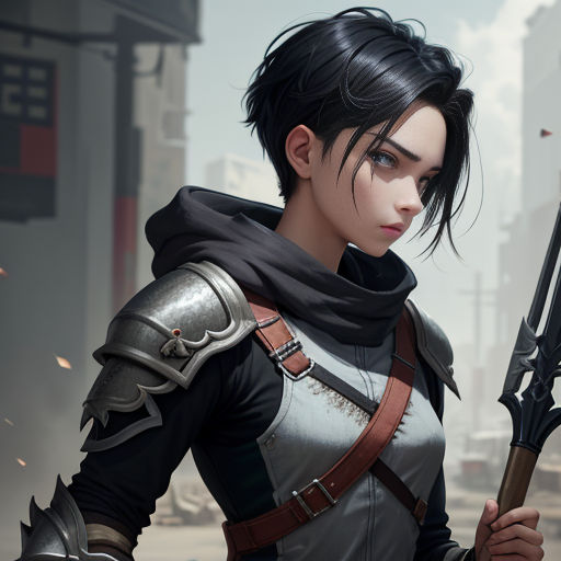 a woman in a futuristic outfit holding a sword and a sword in her hand, in a cityscape