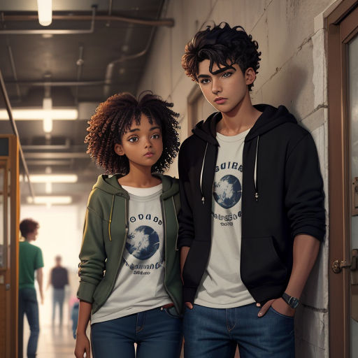 a couple of people standing next to each other in a hallway with a door open and people walking by