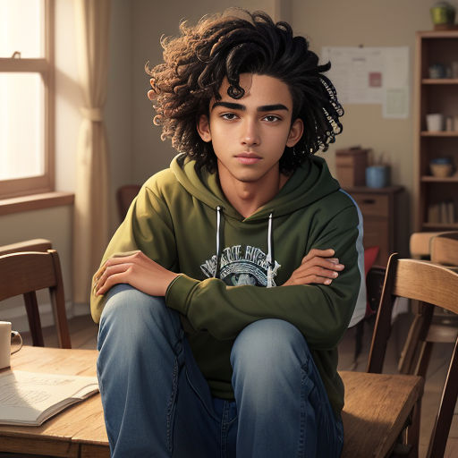 a young man sitting on a table with his arms crossed and looking at the camera with a serious look on his face