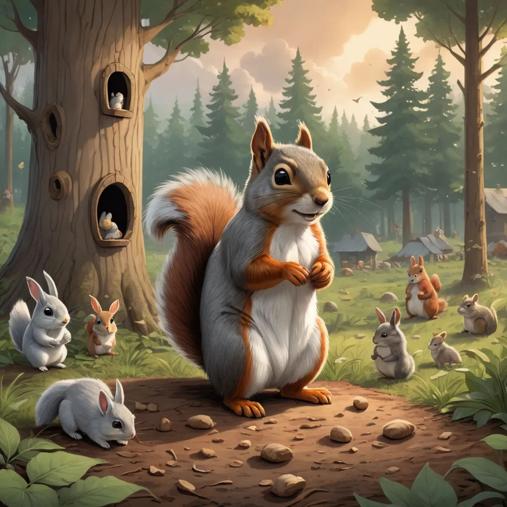 a painting of a squirrel standing in the woods with other animals around him and a tree in the background, american scene painting, a storybook illustration, Chris LaBrooy, official art