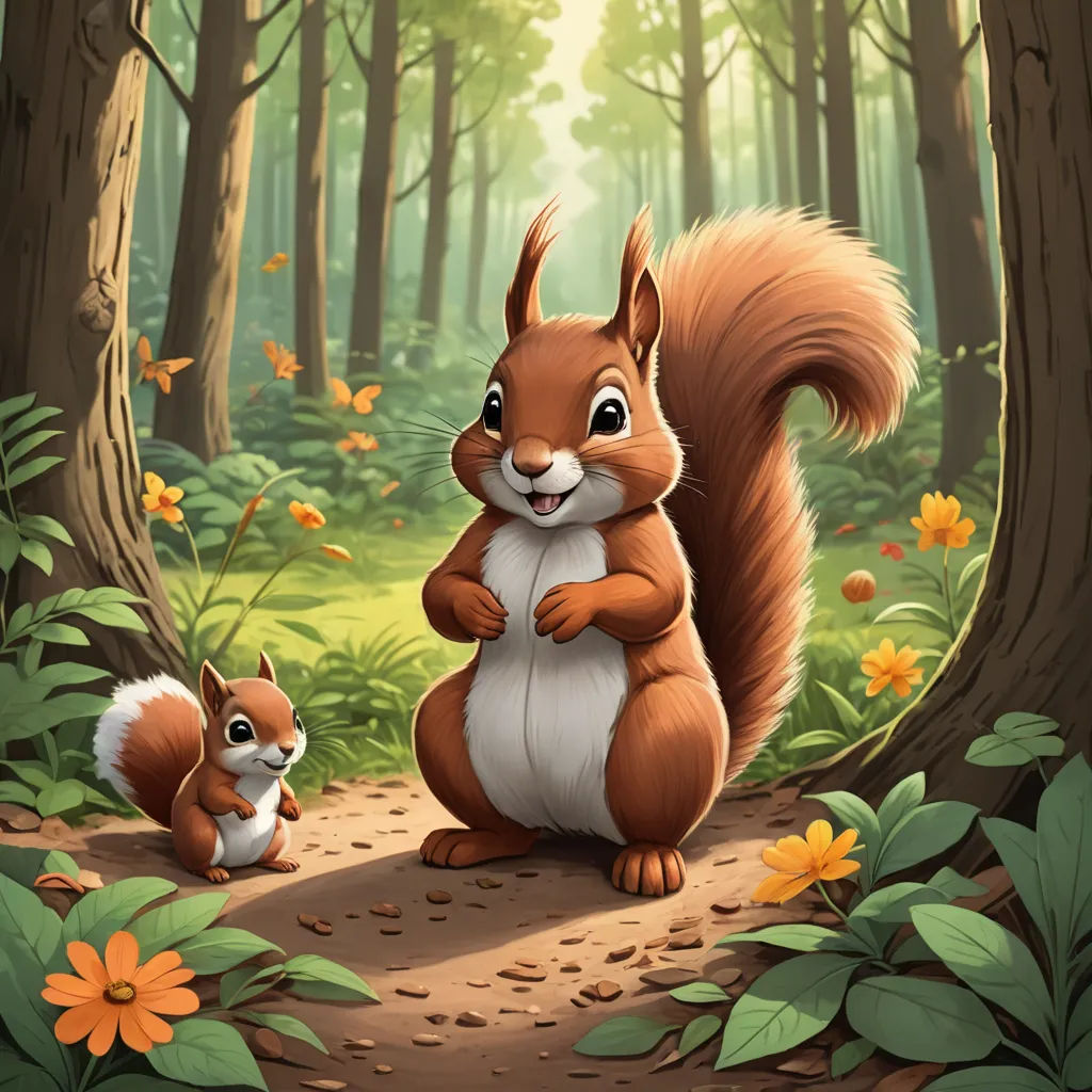 a squirrel and a squirrelling in a forest with flowers and trees in the background illustration for children's books, furry art, a storybook illustration, Chris LaBrooy, official art