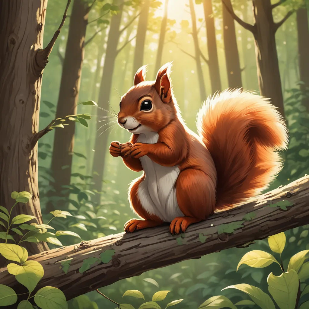 a squirrel sitting on a tree branch in a forest with sunlight shining through the trees and leaves around it, altermodern, a character portrait, Chris LaBrooy, magic the gathering artwork