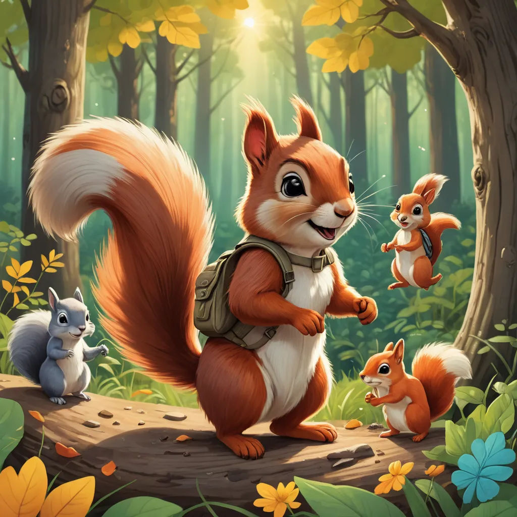 a squirrel and two other animals in a forest with trees and flowers in the background, and a sunbeam, sots art, a storybook illustration, Chris LaBrooy, official art