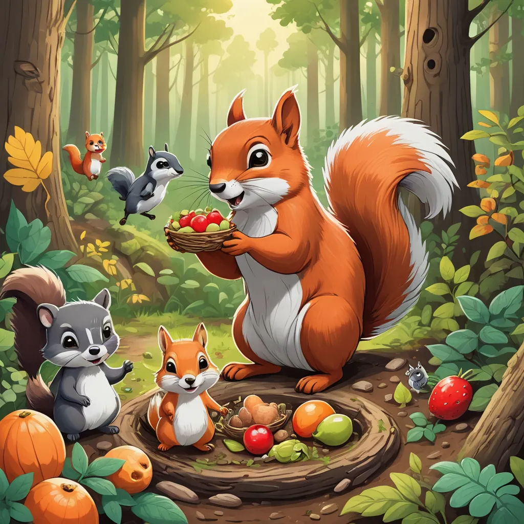 a squirrel and other animals in a forest with a plate of food in its hand and a squirrel on the ground, sots art, a storybook illustration, Chris LaBrooy, official art