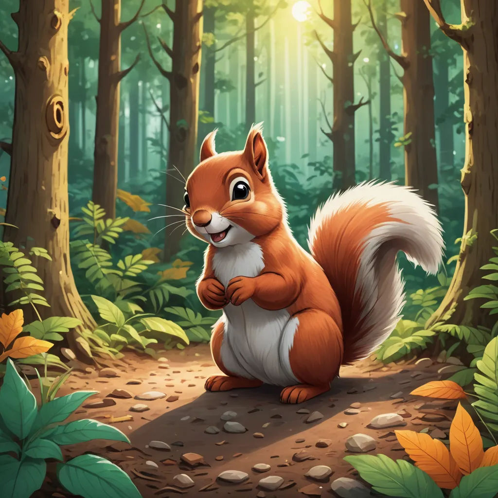 a squirrel in the forest with a sunbeam in the background illustration by alex krapfke for the children's book, sots art, a character portrait, Chris LaBrooy, official art