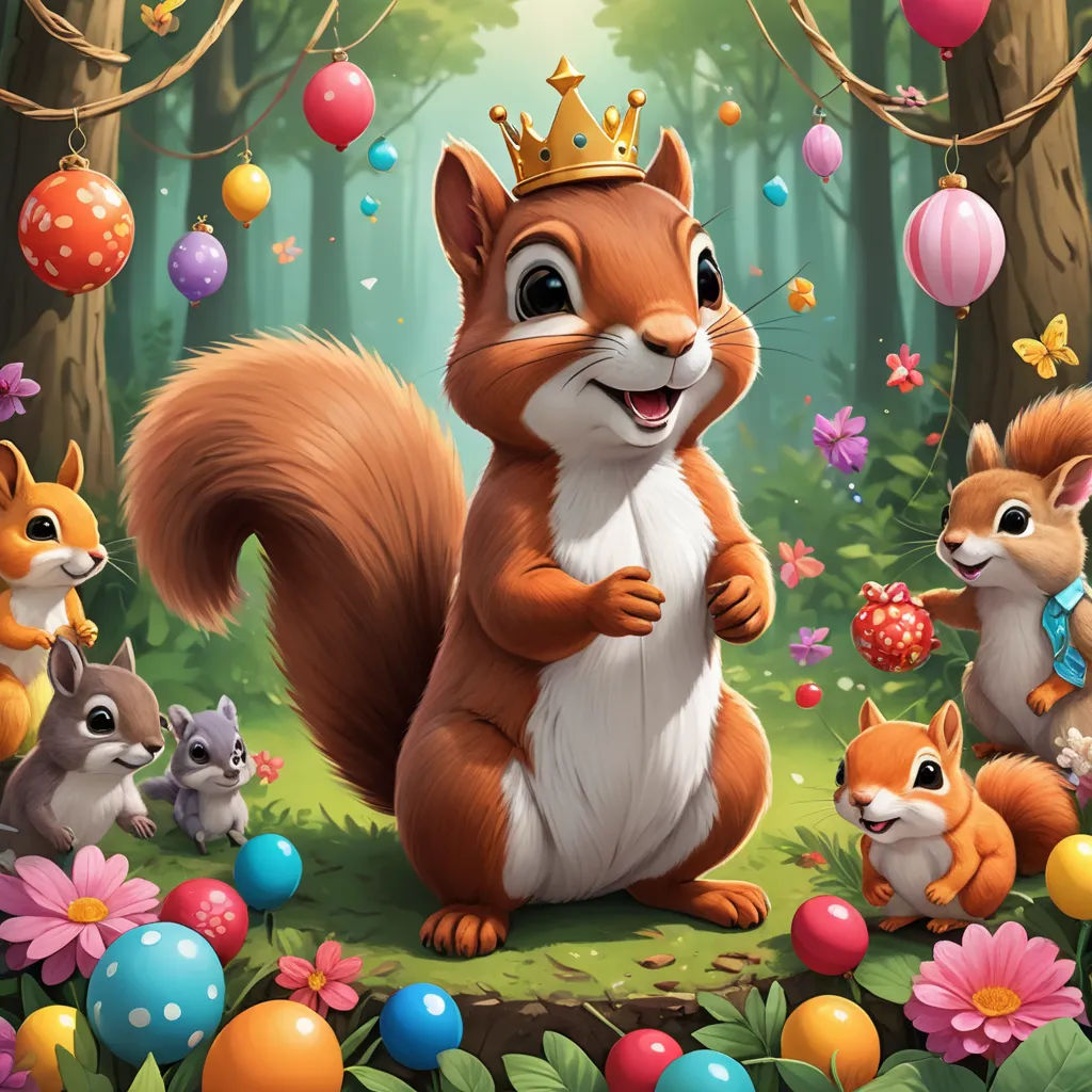 a squirrel with a crown surrounded by other animals in a forest with balloons and eggs around him and a forest background, sots art, a storybook illustration, Chris LaBrooy, official art