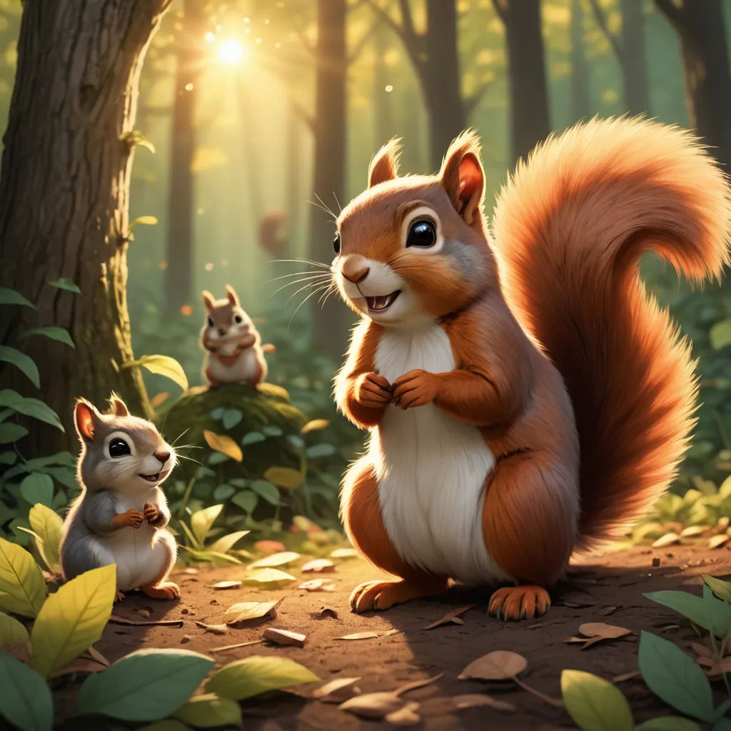 a squirrel and a squirrelling in a forest with leaves and sunlight shining through the trees and leaves on the ground, sots art, a digital painting, Chris LaBrooy, official art