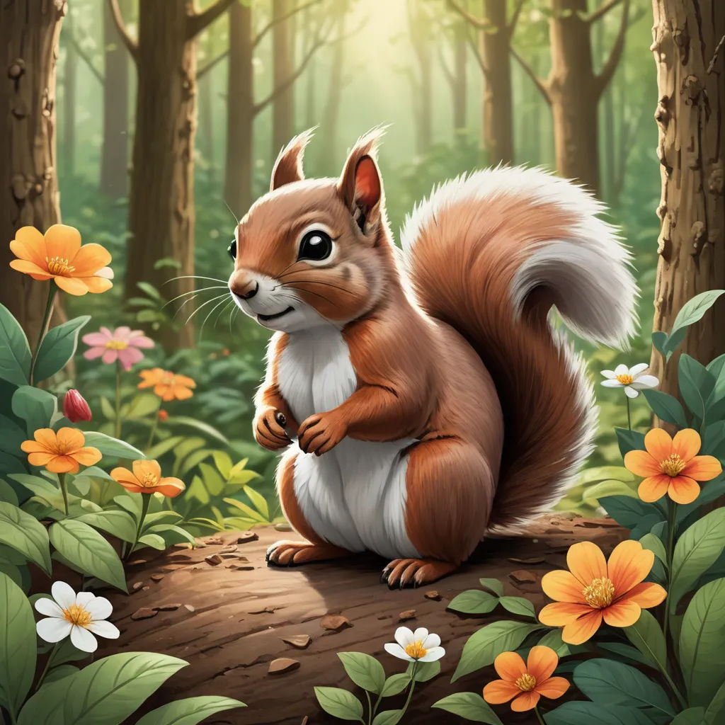 a squirrel is sitting on a log in the woods with flowers and leaves around it, and a forest background, sots art, a character portrait, Chris LaBrooy, game art