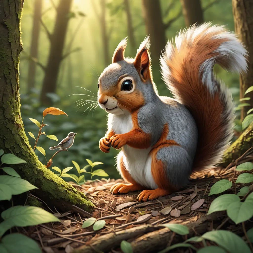 a squirrel is sitting in the woods with a bird in its hand and a bird in the background,, furry art, a digital painting, Chris LaBrooy, trending on art station