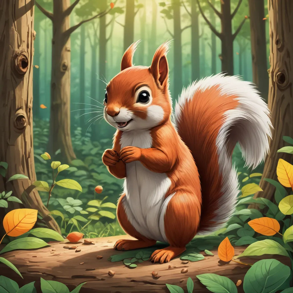 a squirrel standing on a log in a forest with leaves and a sunbeam in the background illustration by alex krawc, sots art, a character portrait, Chris LaBrooy, official art