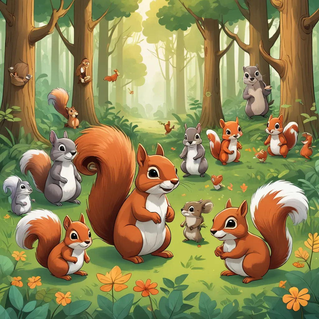 a group of squirrels in the forest with a squirrel on the ground and other animals around them, all looking at the same direction, furry art, a storybook illustration, Chris LaBrooy, 2 d game art