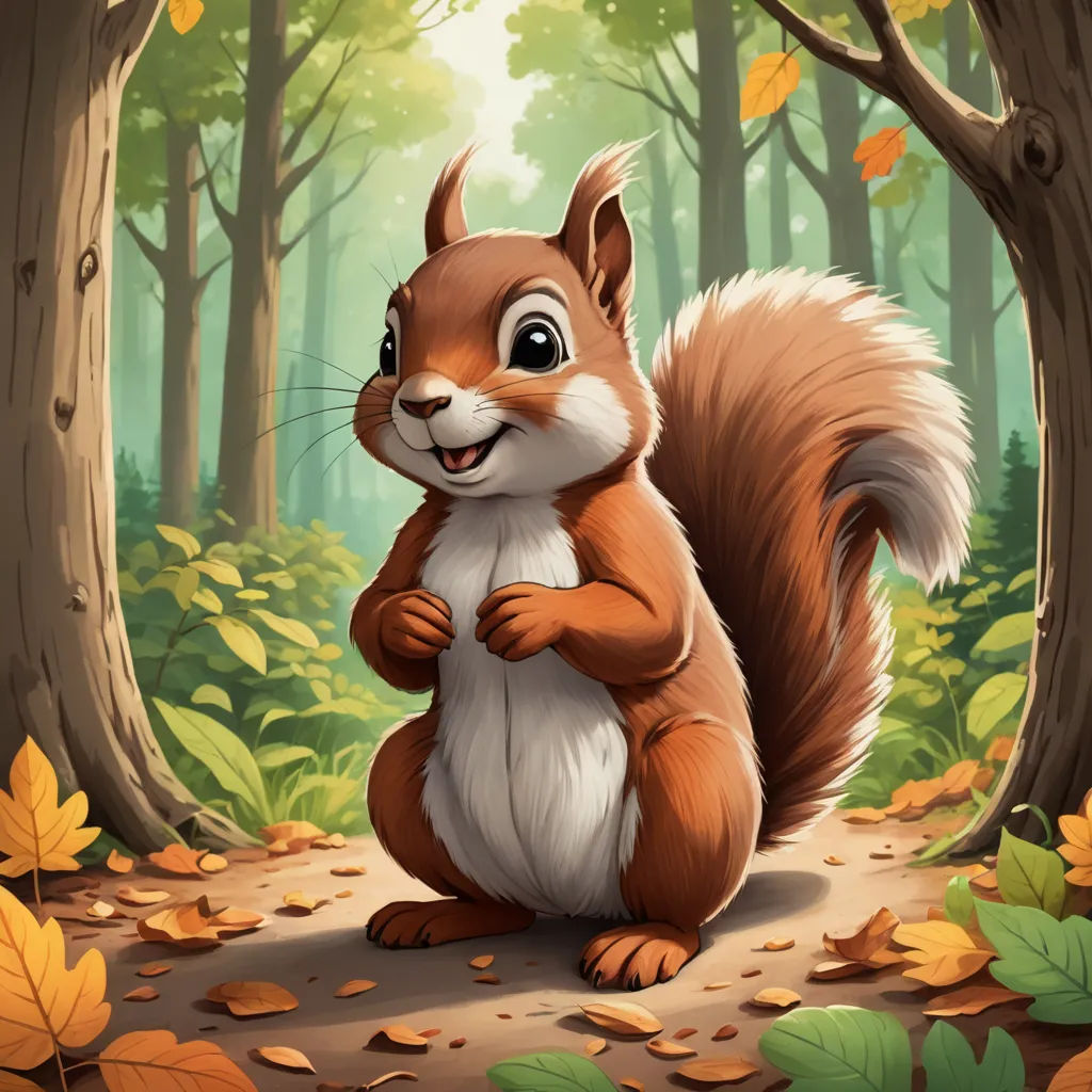 a squirrel standing in the middle of a forest with leaves on the ground and trees in the background with leaves on the ground, furry art, a character portrait, Chris LaBrooy, official art