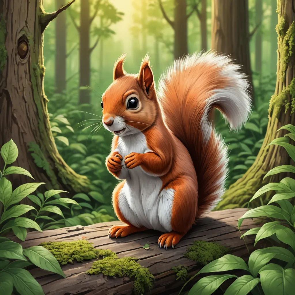 a squirrel is sitting on a log in the forest with a sunbeam in the background and a forest floor, furry art, a character portrait, Chris LaBrooy, professional digital painting