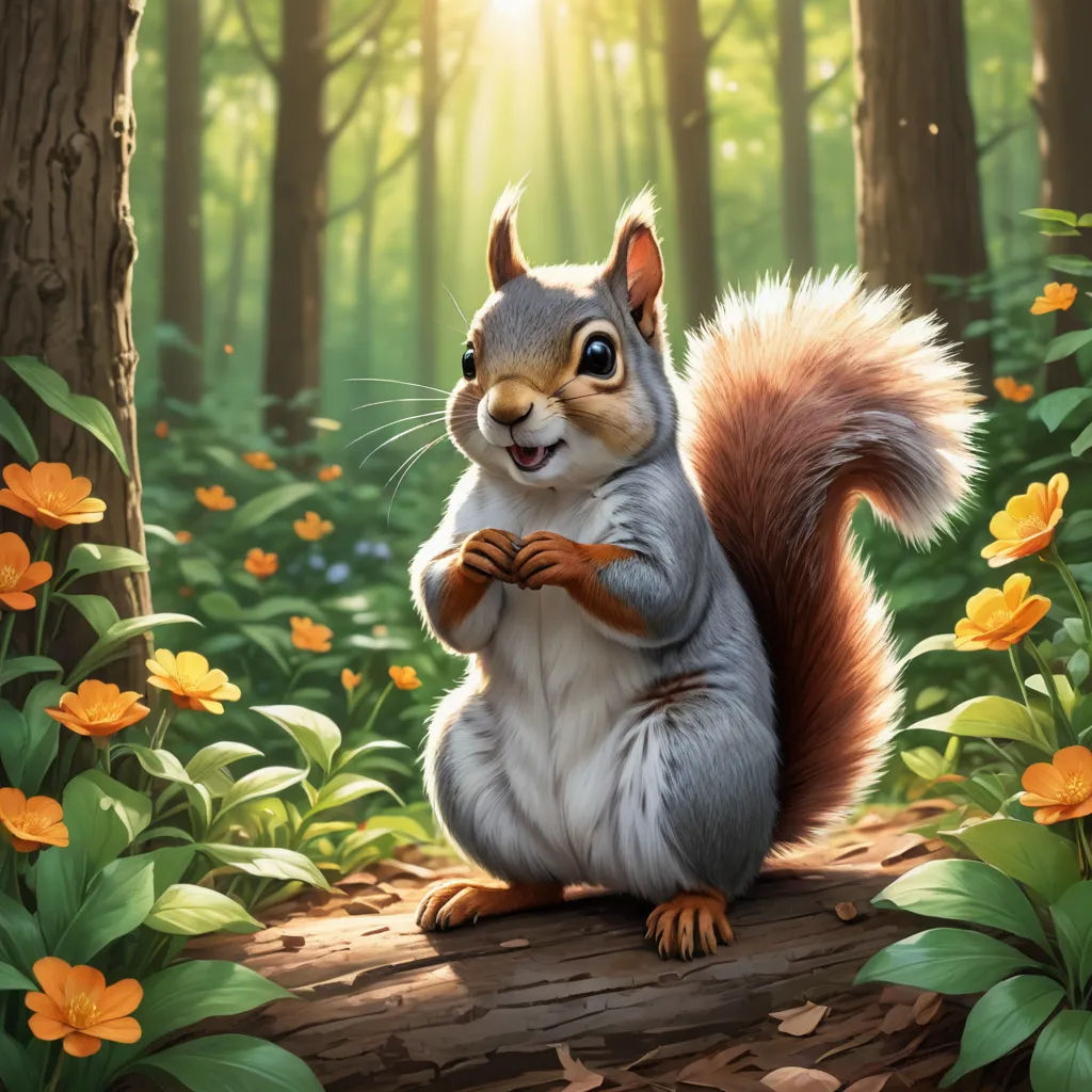a squirrel is standing on a log in the woods with flowers around it and a sunbeam in the background, furry art, a digital painting, Chris LaBrooy, official art
