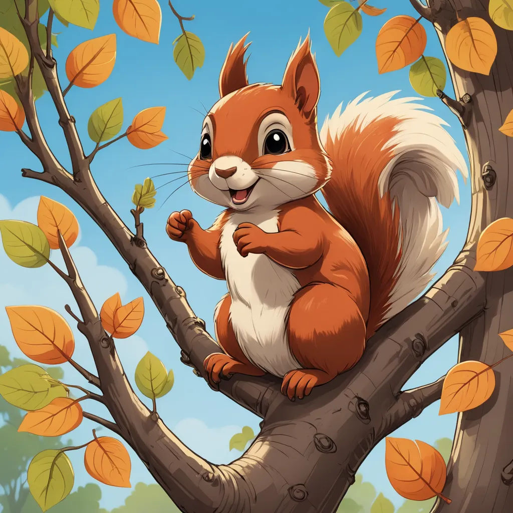 a squirrel sitting on a tree branch with leaves around it and a sky background with clouds and trees in the background, furry art, a storybook illustration, Chris LaBrooy, deviantart artstation